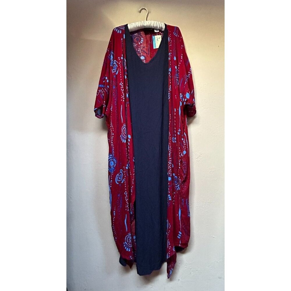 Exotica Carmel V-Neck Floral Midi Dress Navy Red Elbow Sleeve Rayon Boho New
